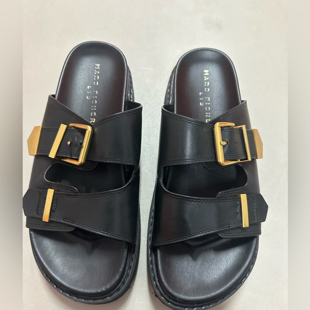Marc Fisher Black Slides with Gold Accents